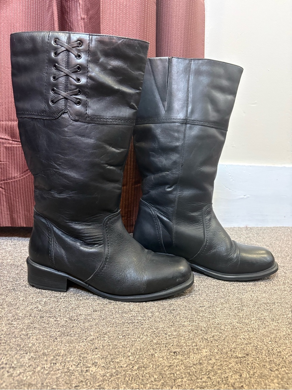 Jessica Black Mid-Calf Leather Riding Boots with Lace Accent